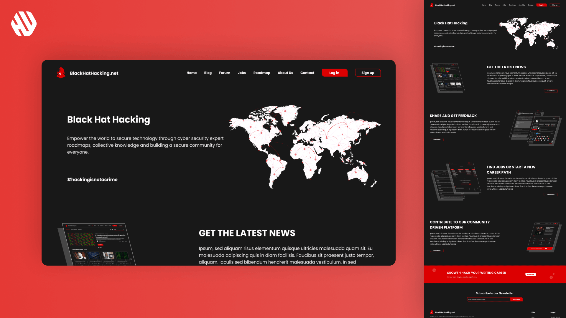 Screenshot of Black Hat Hacking website homepage with red and black theme, featuring world map and menu options.